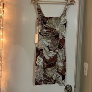Aritzia Floral Ruched Lydia Mini Dress in Brown and Cream